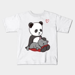 Cute Kawaii Chibi Panda Petting It's Pet Cat Kids T-Shirt